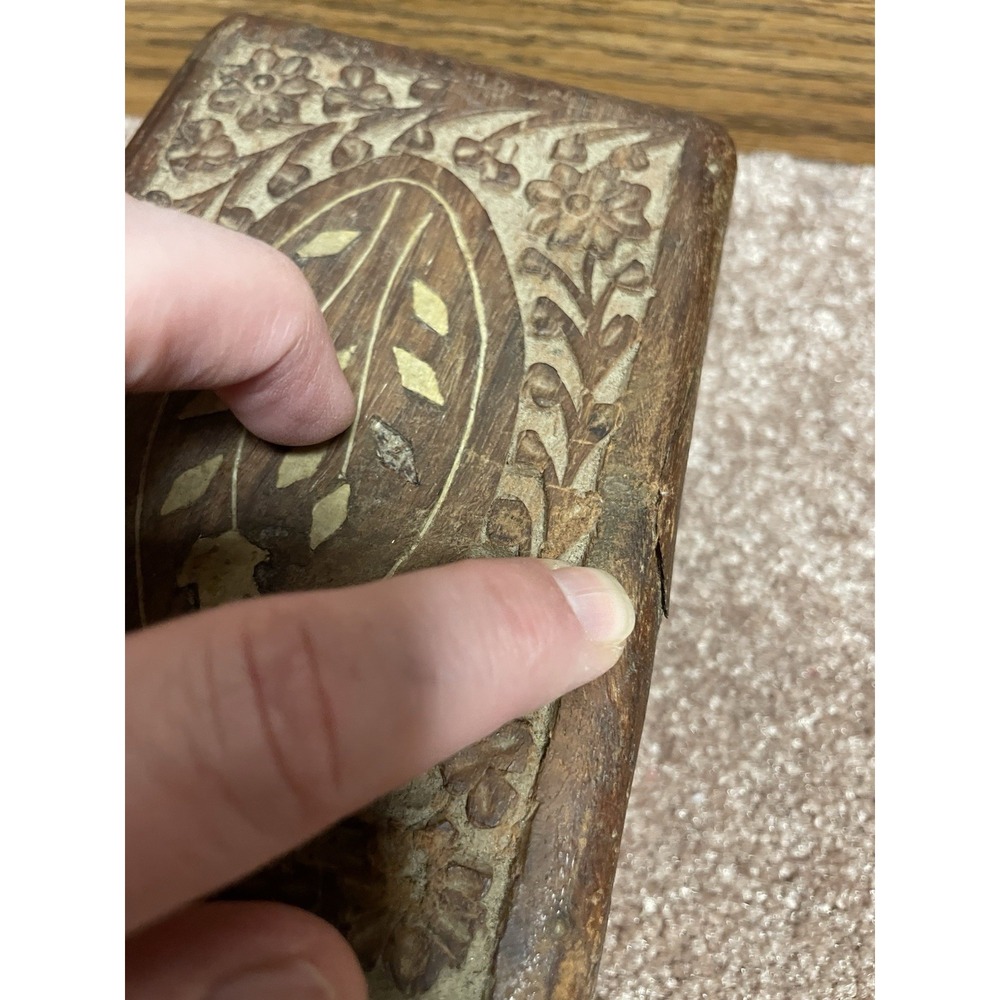 VTG Wooden Hand Carved Jewelry Trinket Box Hinged Lid Made India Inlaid Felt 70 - Picture 5 of 10